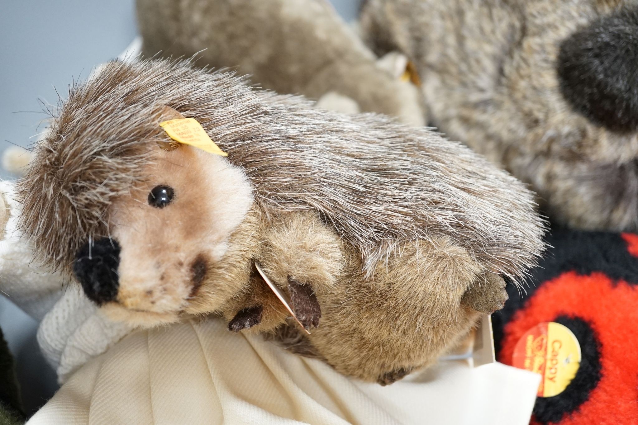 Seven Steiff animals including two 'Gaty', all post-war, and a 'Nora' bear Limited Edition with parasol